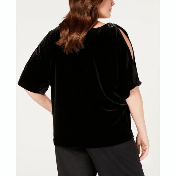 New! ALEX EVENINGS Embellished Shoulder Velvet Black Top Blouse Plus Size - Picture 3 of 7